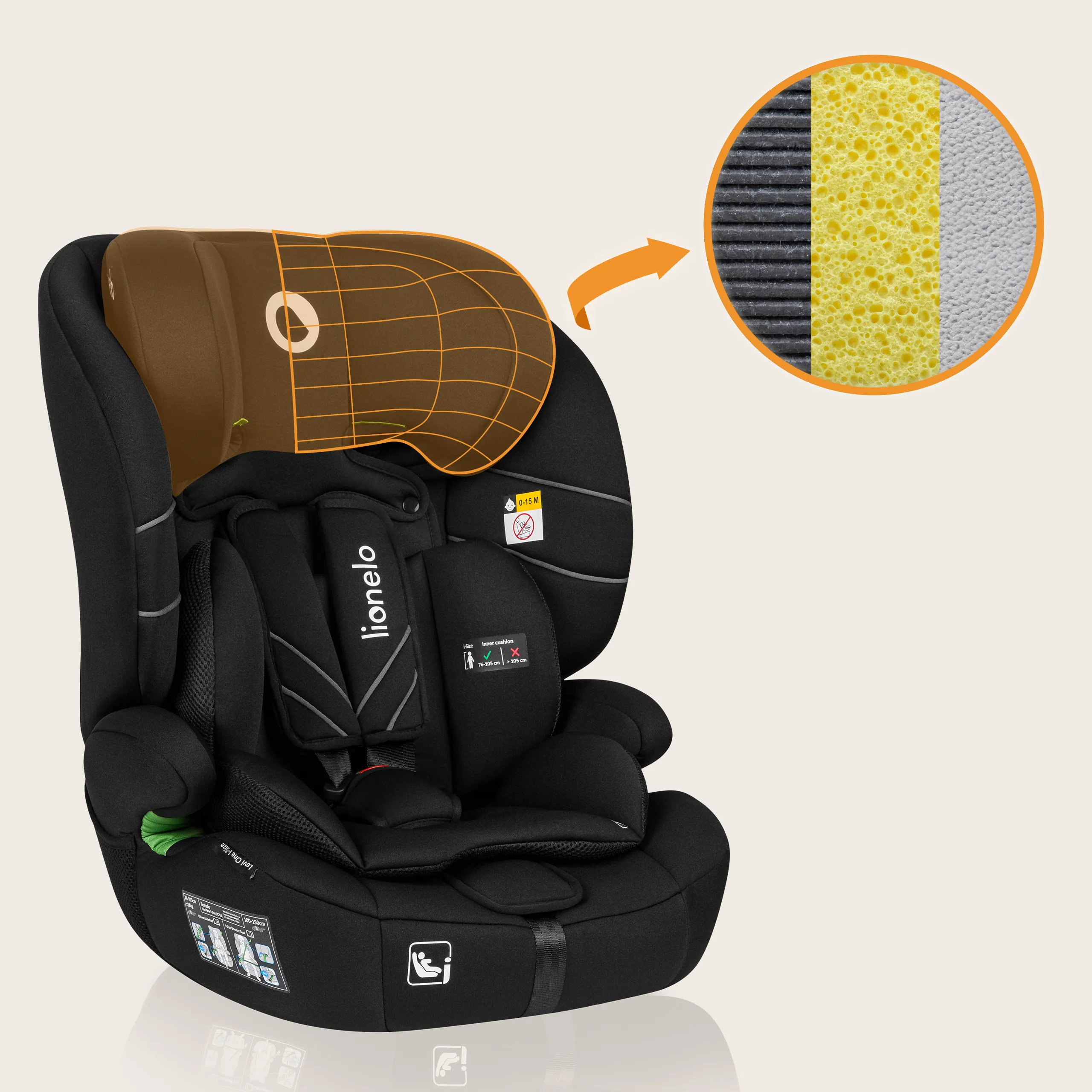 Wzmocniony zagłówek z pianką Memory Foam w foteliku Lionelo Levi One